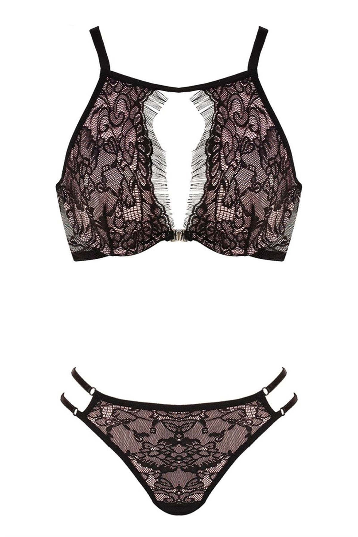 Women's Black Lace Powder Rose Bustier Panty Set