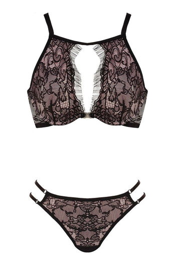 Women's Black Lace Powder Rose Bustier Panty Set