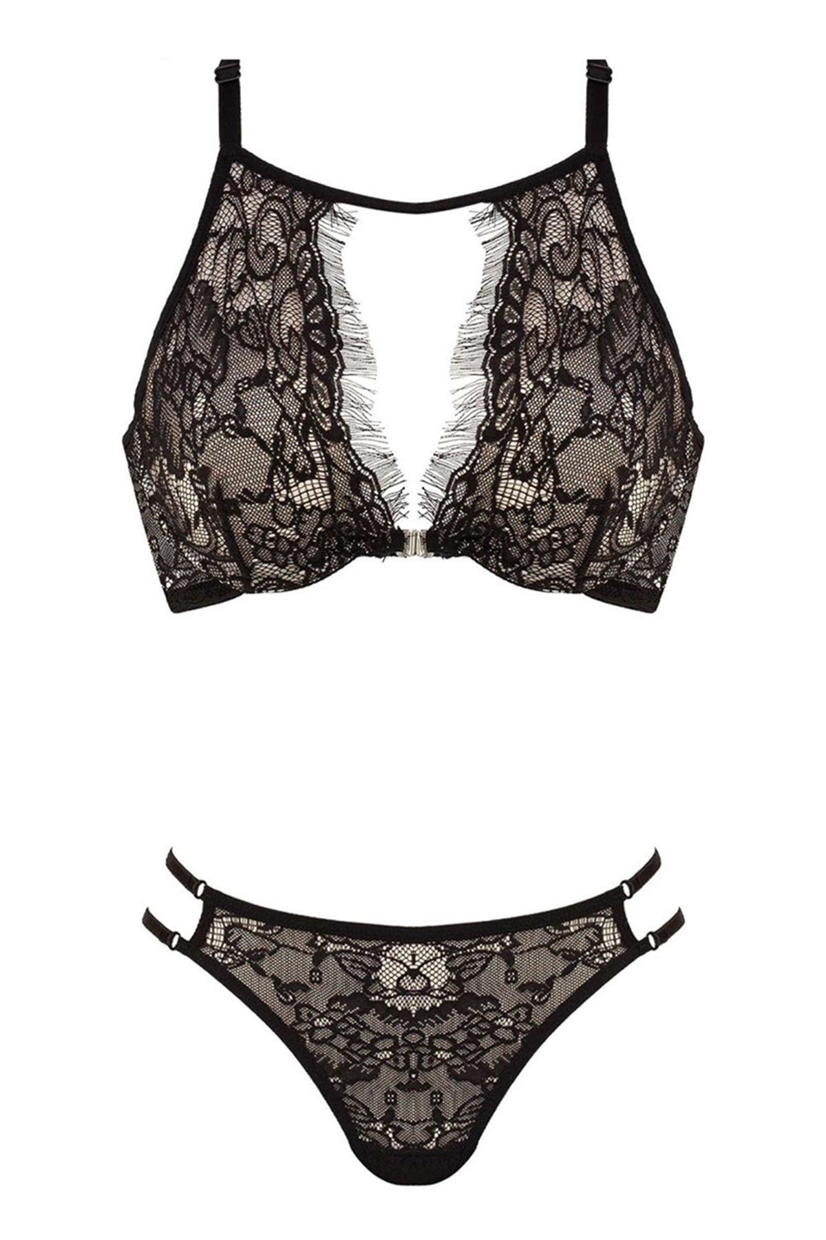 Women's Black Lace Beige Bustier Panty Set