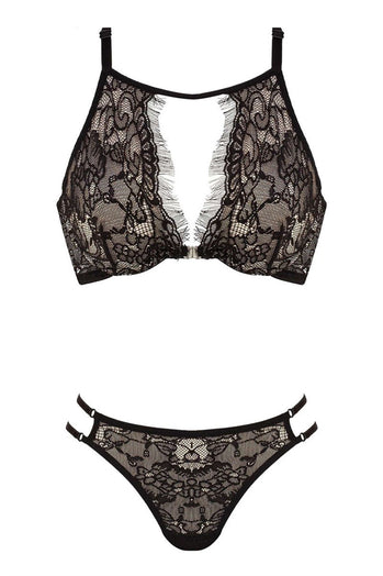 Women's Black Lace Beige Bustier Panty Set