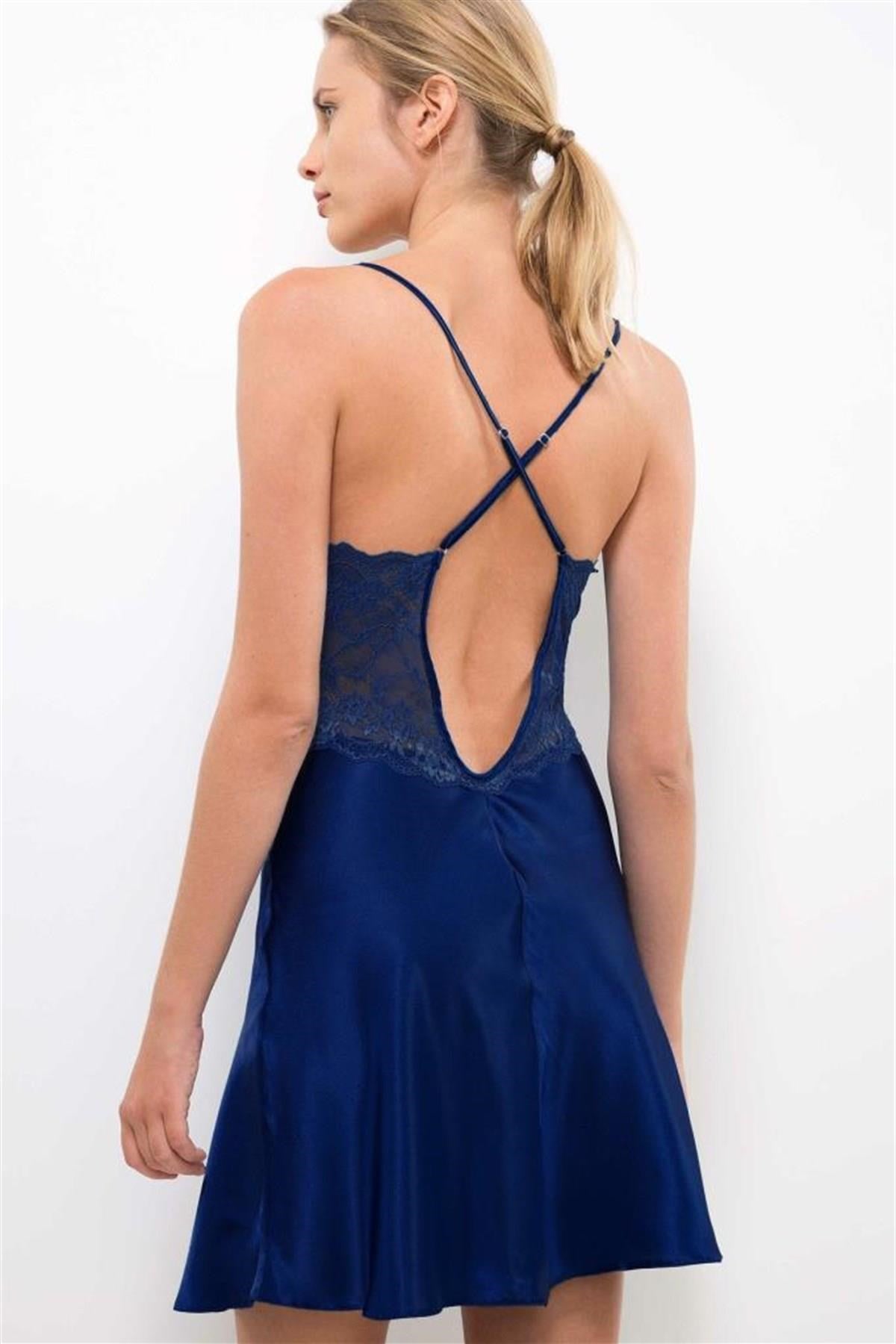 Women's Padded Navy Blue Satin Nightgown